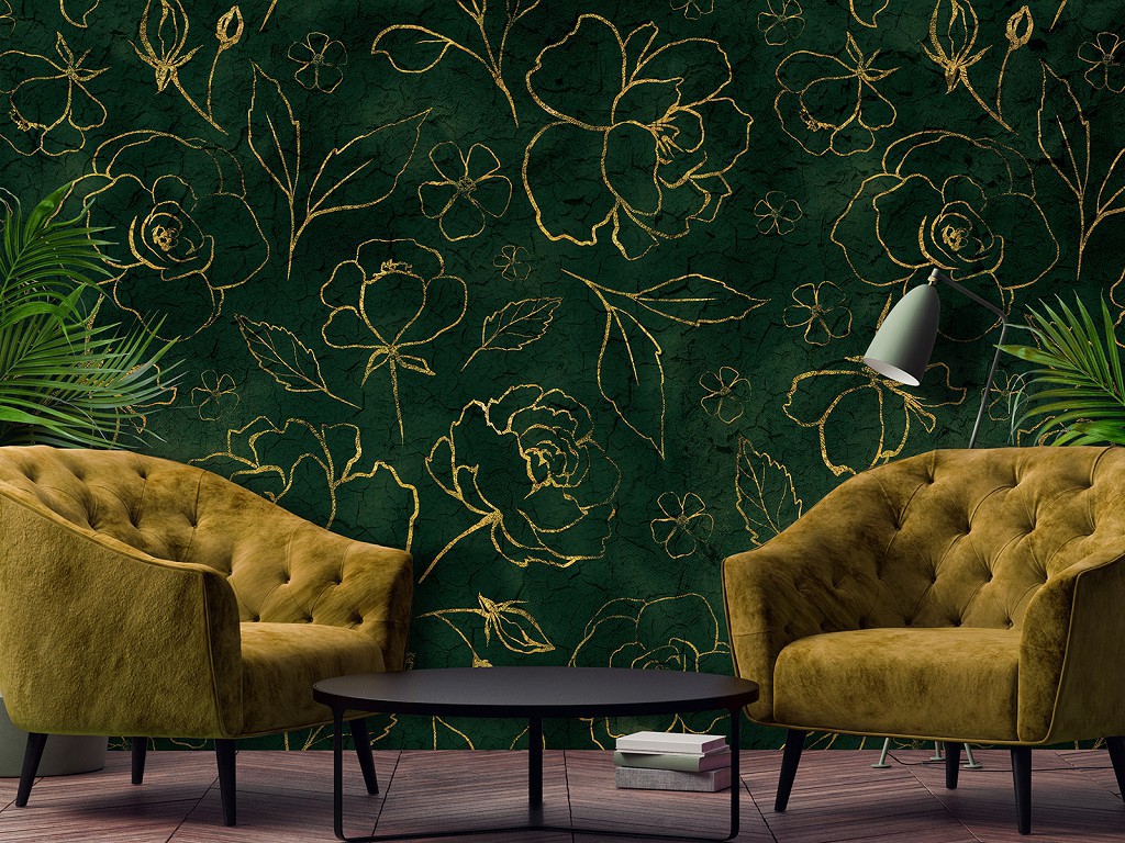 Флізелінові фото шпалери квіти 254 x 184 см Золоті троянди на зеленому тлі (13650V4)+клей