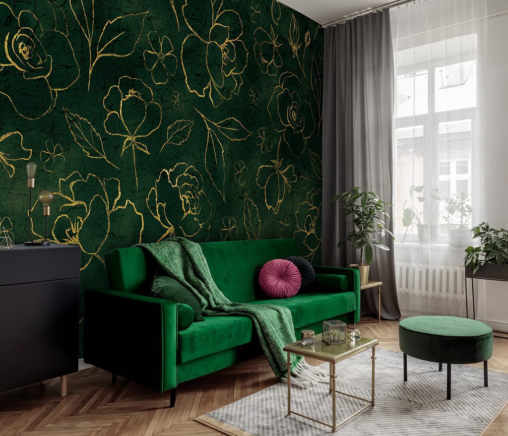 Флізелінові фотошпалери 368x254 см Квіти - Золоті троянди на зеленому тлі (13650V8)+клей