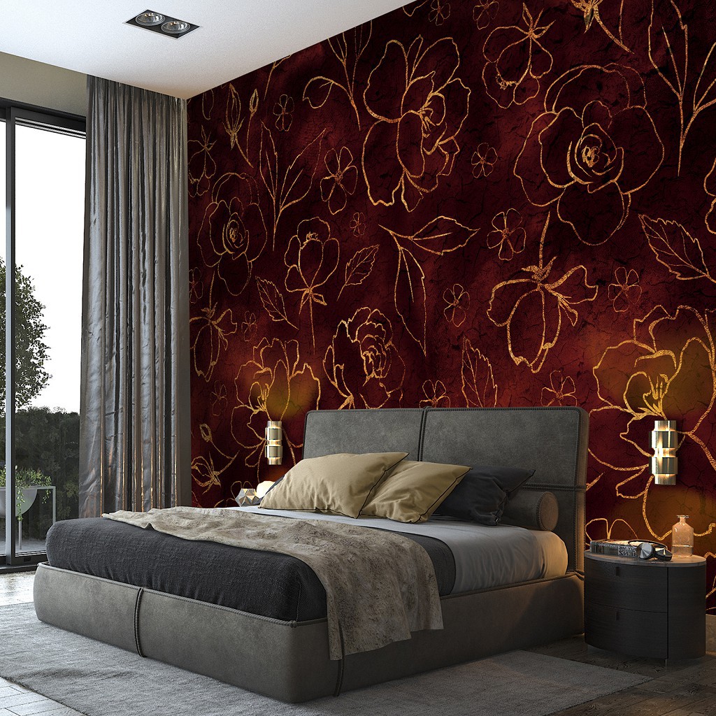 Флизелиновые фотообои листья 416 x 290 см Цветы - Золотые розы на красном фоне (13651VEXXXXL)+клей