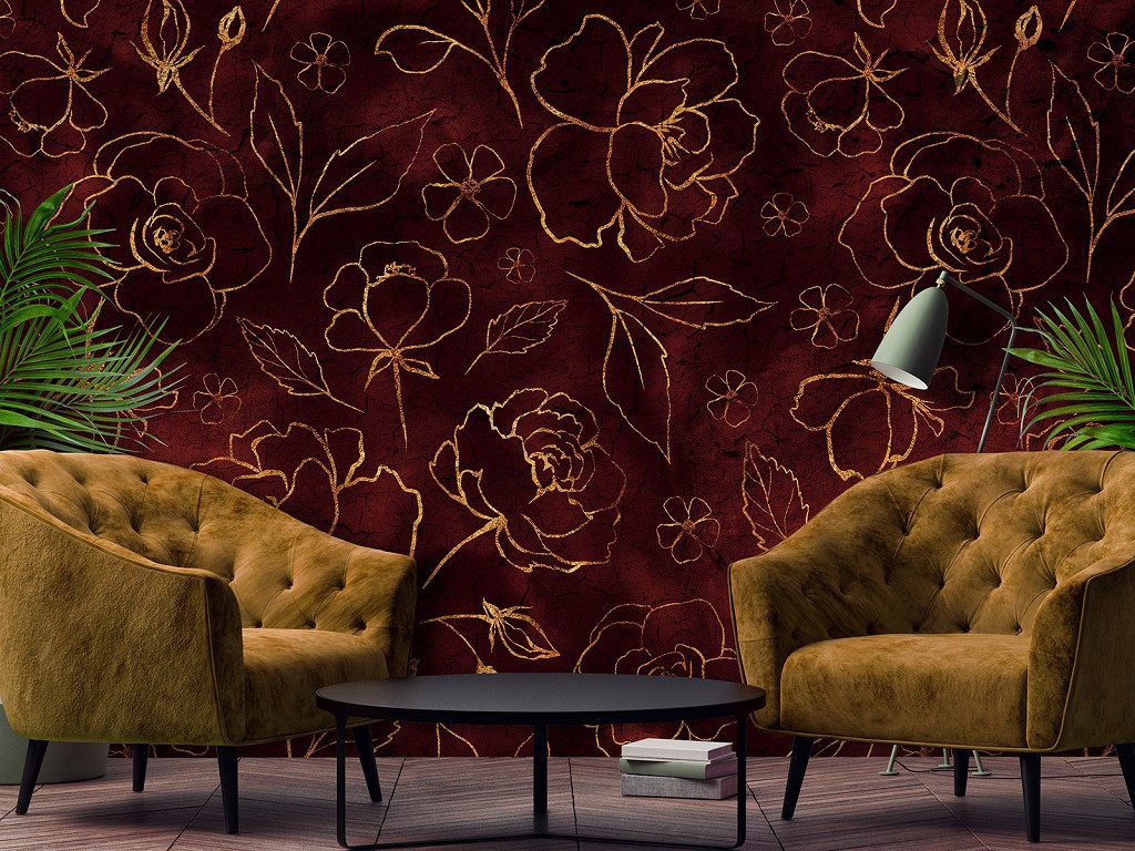 Флізелінові фотошпалери 368x254 см Квіти - Золоті троянди на червоному тлі (13651V8)+клей