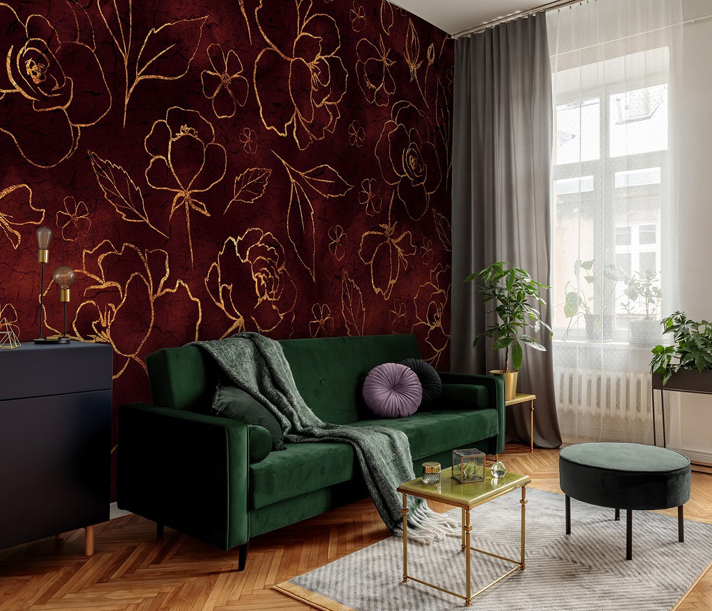 Флізелінові фотошпалери Квіти - Золоті троянди на червоному тлі (13651V)+клей