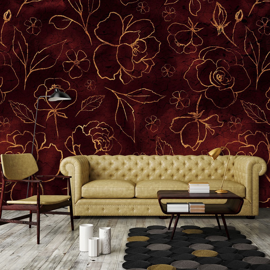 Флизелиновые фотообои 368 x 280 см Цветы - Золотые розы на красном фоне (13651V10)+клей