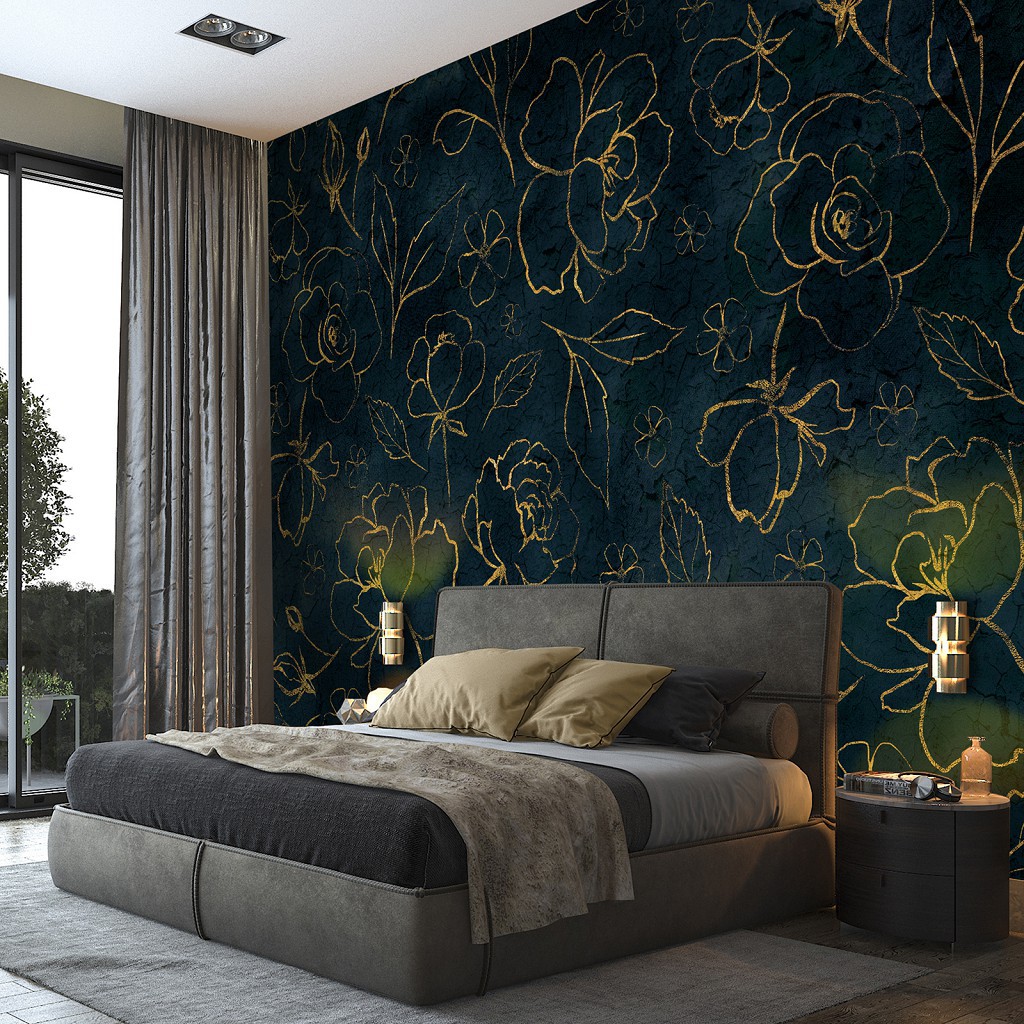 Флизелиновые фотообои 368 x 254 см Цветы - Золотые розы на синем фоне (13652V8)+клей