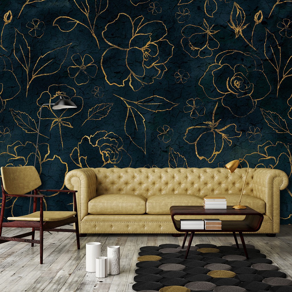 Флизелиновые фотообои листья 312 x 219 см Цветы - Золотые розы на синем фоне (13652VEXXL)+клей