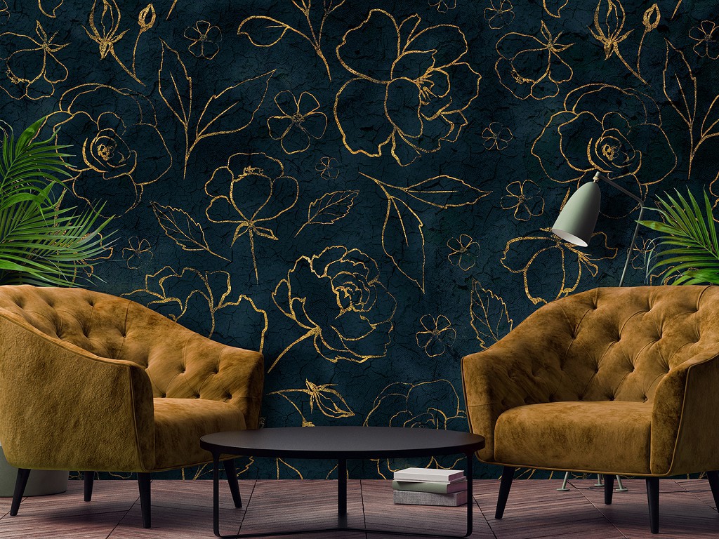 Флізелінові фотошпалери Квіти - Золоті троянди на блакитному тлі (13652V)+клей