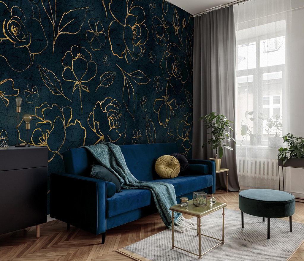 Флизелиновые фотообои 416 x 290 см Цветы - Золотые розы на синем фоне (13652VEXXXXL)+клей