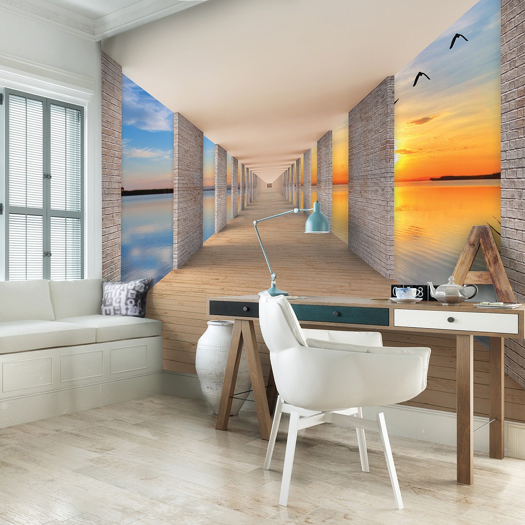 Флизелиновые 3D фото обои закат 254 x 184 см Пейзаж - Тоннель и вид на озеро (13661V4)+клей