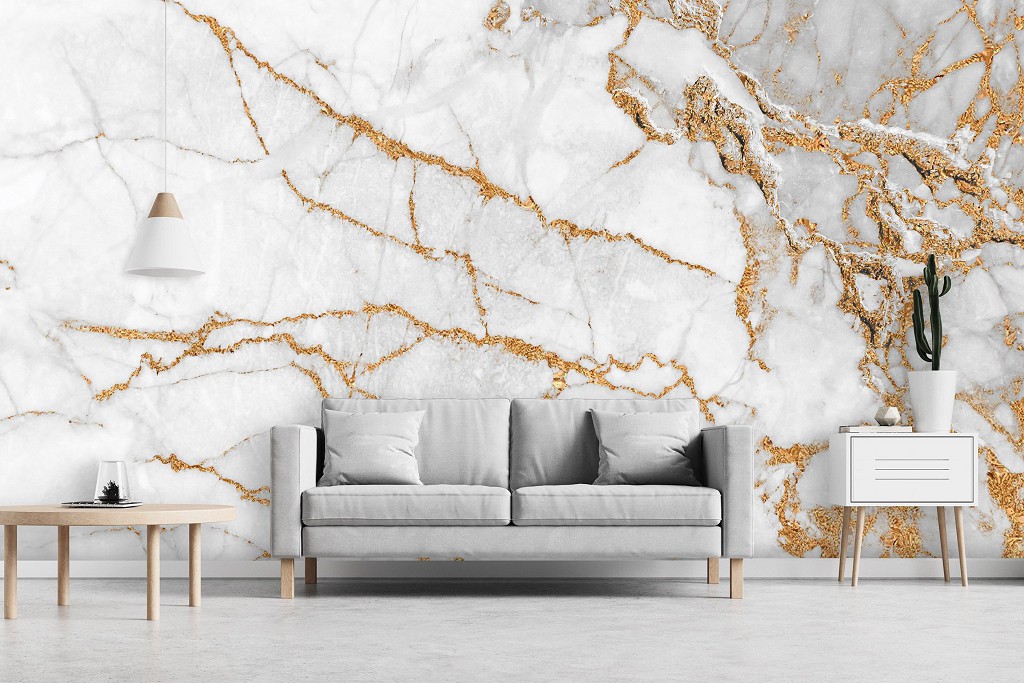Флизелиновые фото обои камень 368 x 254 см Белый мрамор с золотым декором (13668V8)+клей