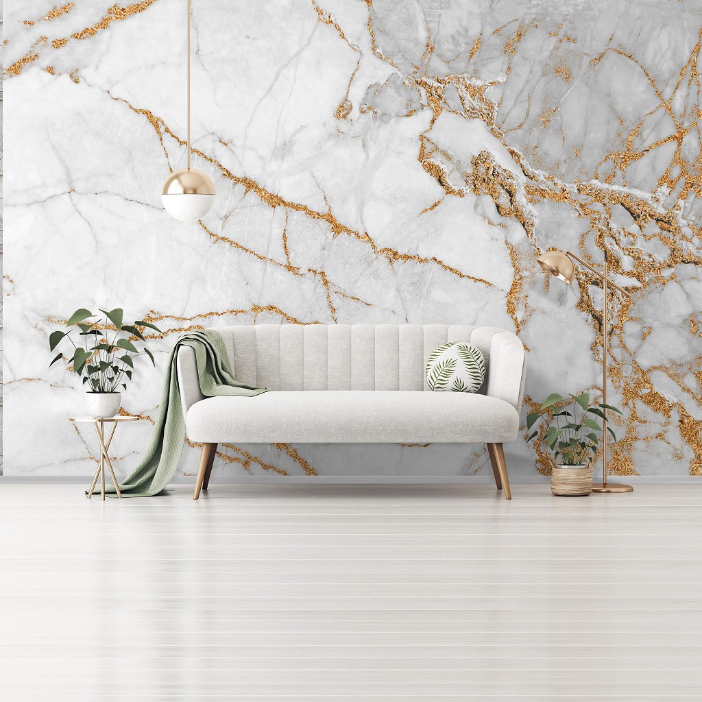 Флизелиновые фото обои под камень 312 x 219 см Белый мрамор с золотым декором (13668VEXXL)+клей