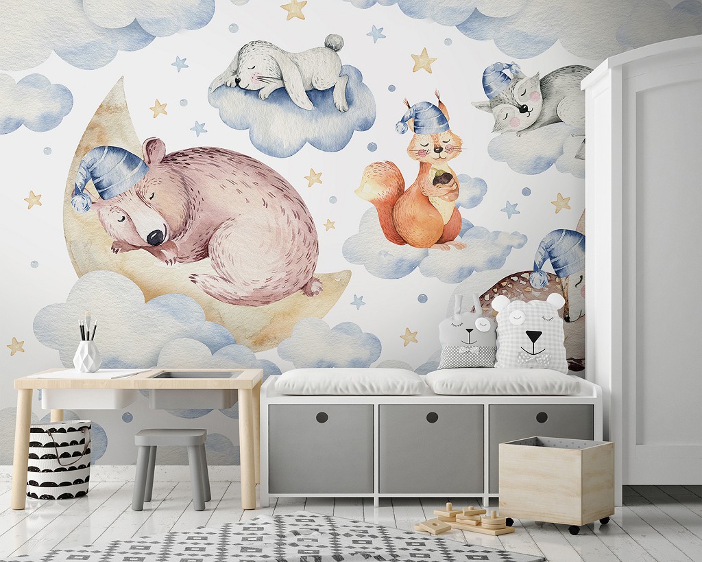 Флізелінові фотошпалери Для маленьких дітей хмари Сплячі тварини (13671V)+клей