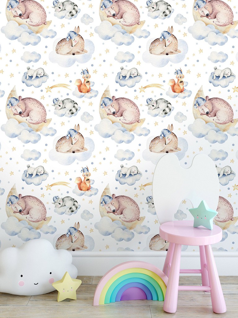 Флизелиновые фотообои для детской Спящие зверята на облаках (13672V)+клей