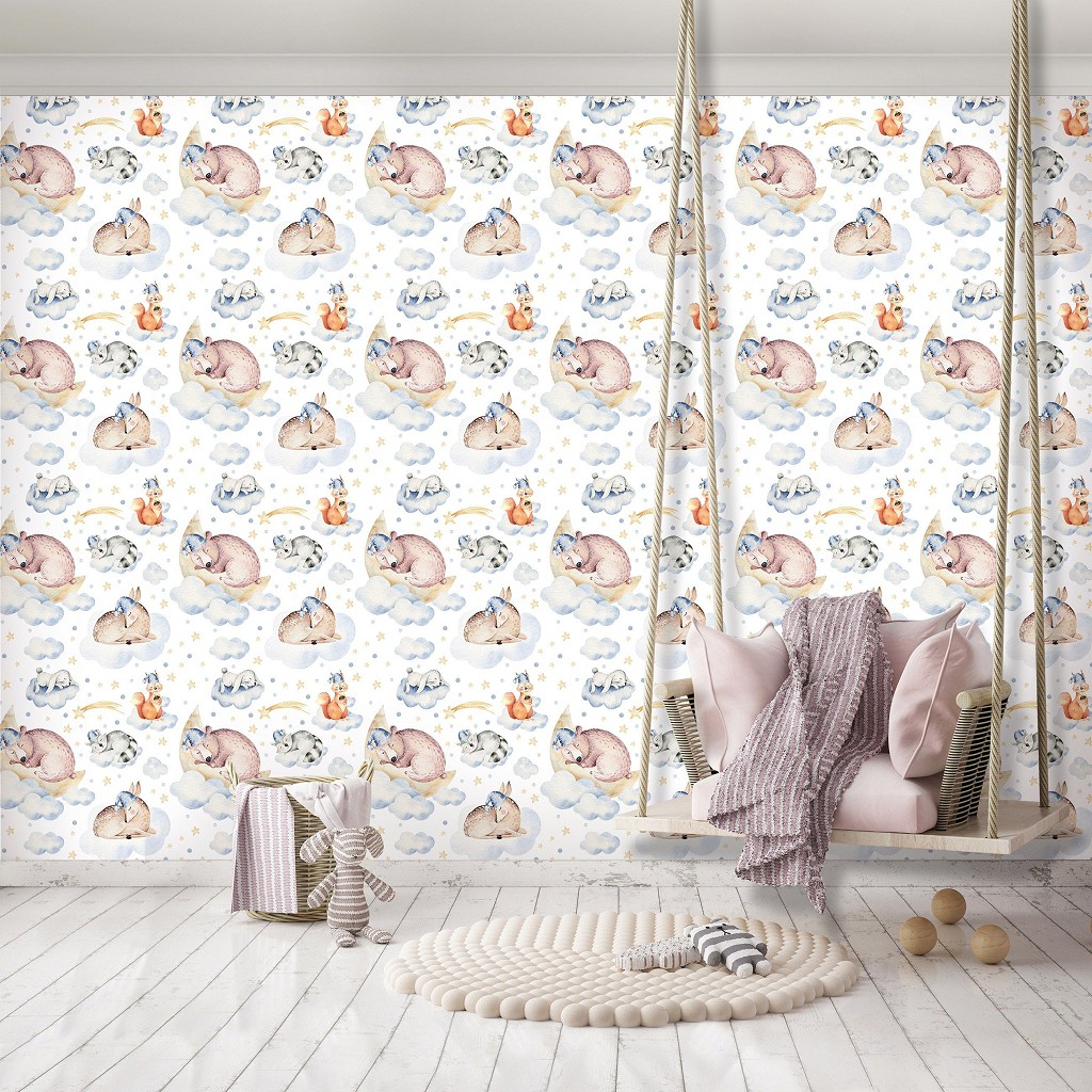 Флизелиновые фотообои в детскую комнату 368 x 254 см Спящие зверята на облаках (13672V8)+клей