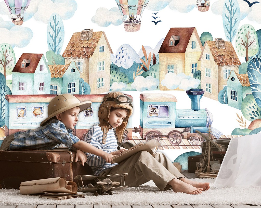 Флизелиновые фотообои воздушные шарики 254 x 184 см Детские - Домики поезд и зверята (13673V4)+клей