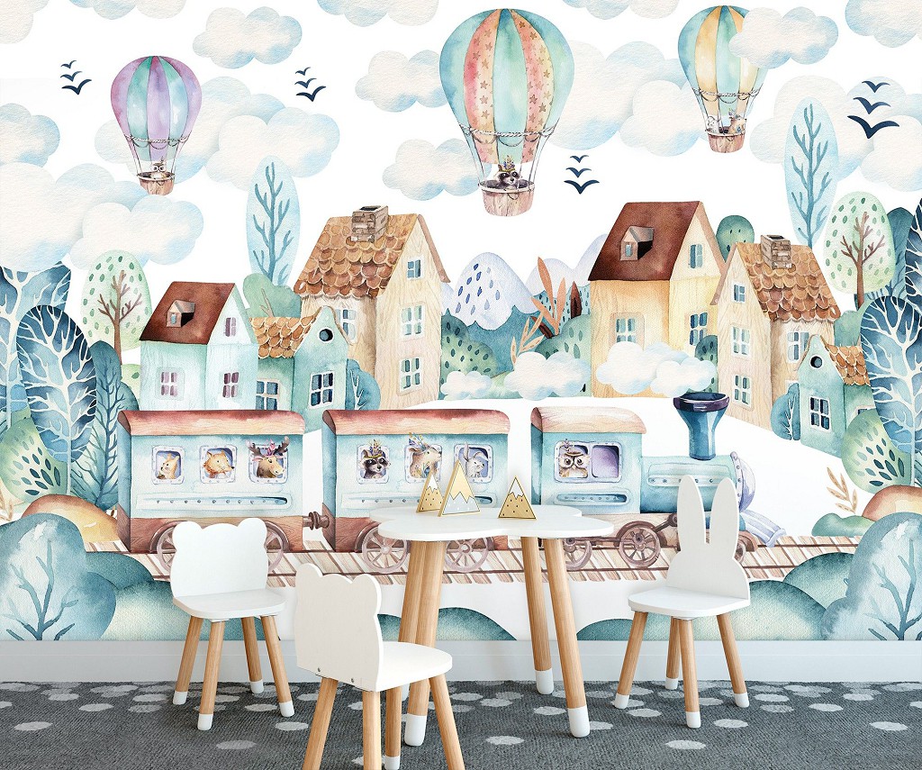 Флизелиновые фотообои облака 312 x 219 см Детские - Домики поезд и воздушные шары (13673VEXXL)+клей