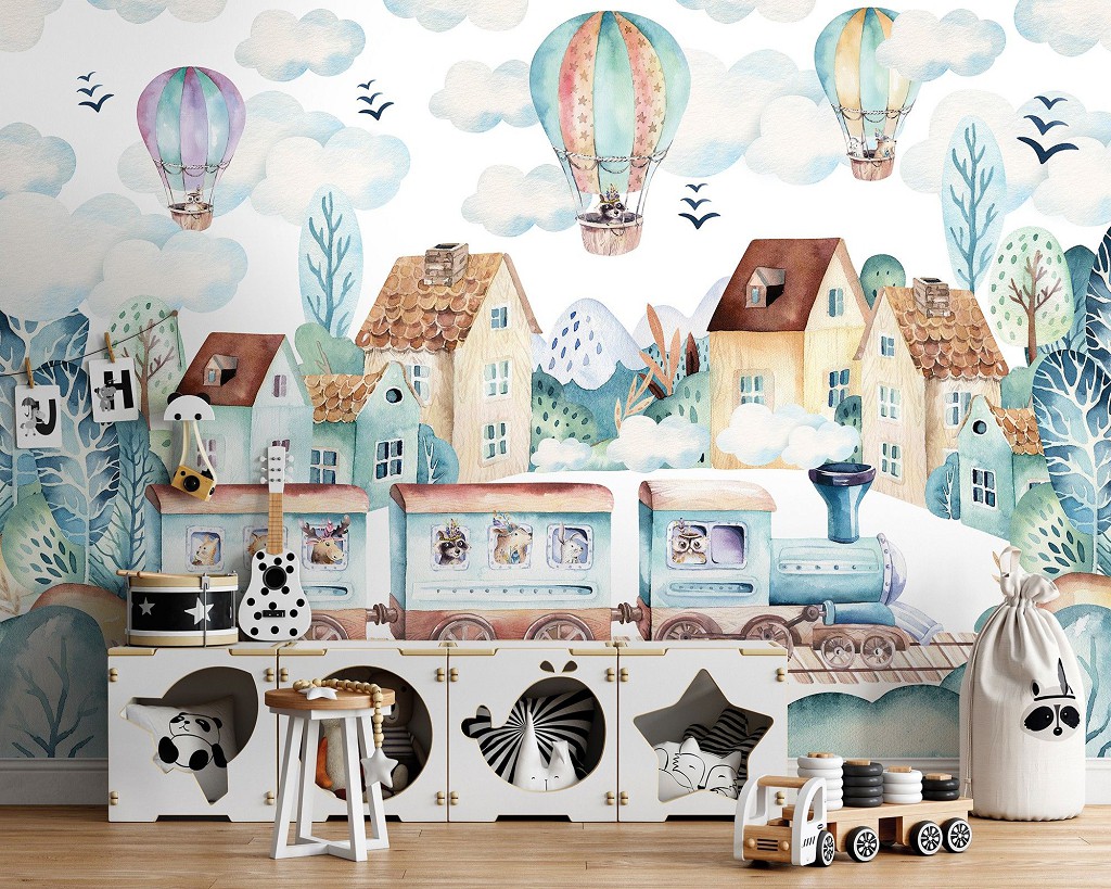 Флизелиновые фотообои облака 416 x 254 см Детские - Домики поезд и воздушные шары (13673VEXXXL)+клей