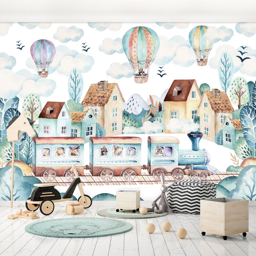Облака флизелиновые фотообои 416 x 290 см Детские - Домики поезд и воздушные шары (13673VEXXXXL)+клей