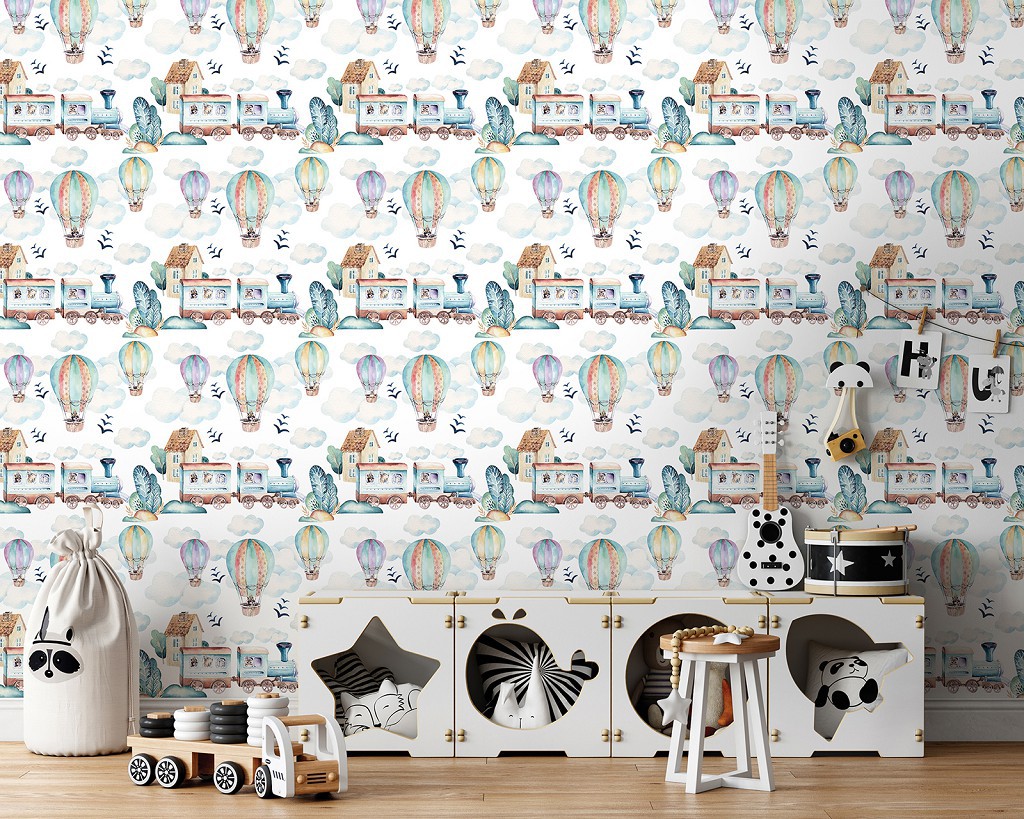 Флізелінові фотошпалери 520x318 см Потяги та повітряні кулі у дитячу спальню (13674VEXXXXXL)+клей