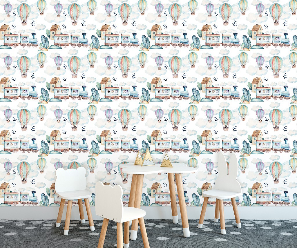Флізелінові фотошпалери у дитячу спальню 416x254 см Потяги та повітряні кулі (13674VEXXXL)+клей