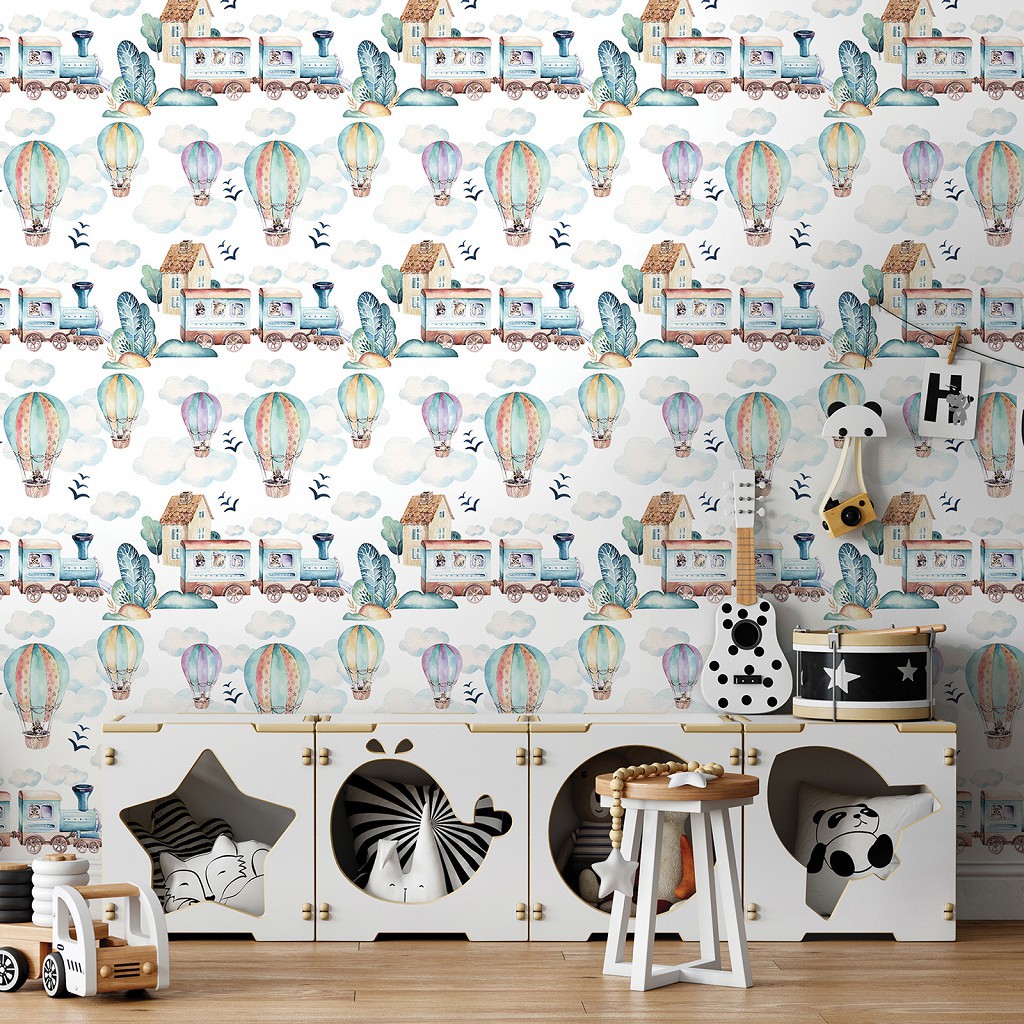 Флізелінові фото шпалери для дитячої 254x184 см Потяги та повітряні кулі (13674V4)+клей