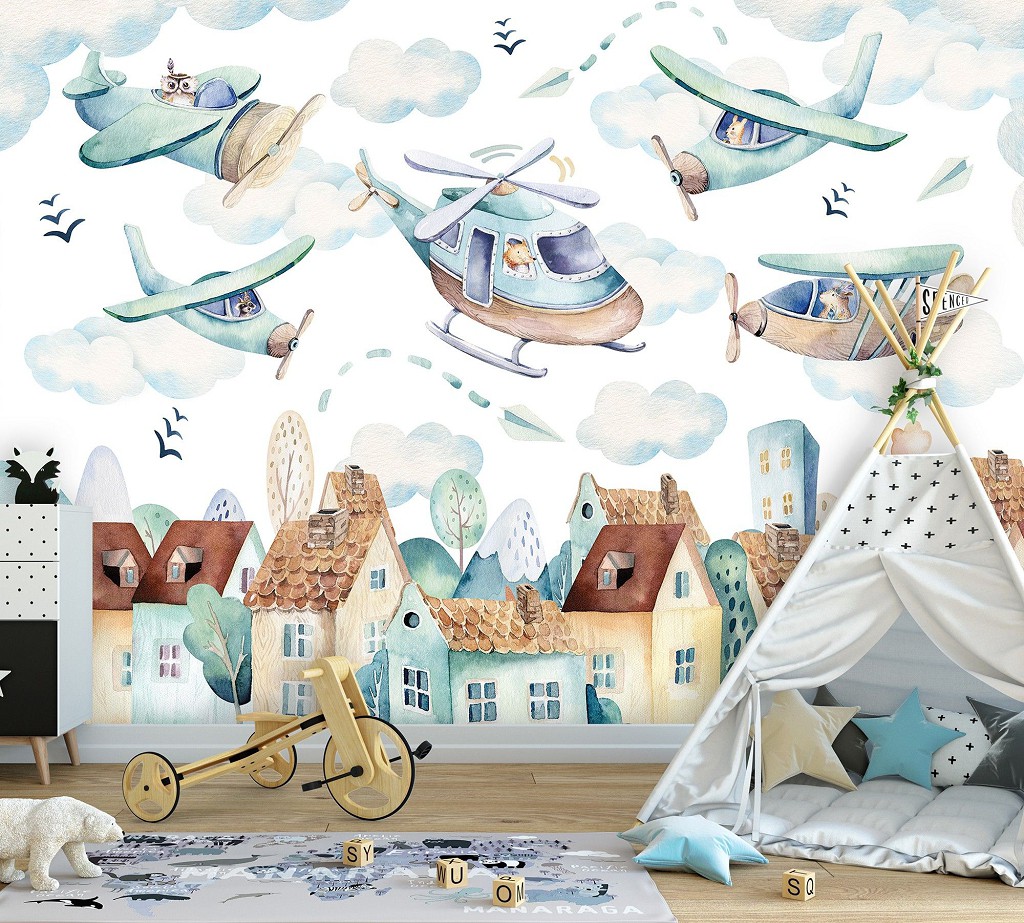 Флізелінові фотошпалери в дитячій 416x290 см Літаки та гелікоптери над будиночками (13675VEXXXXL)+клей