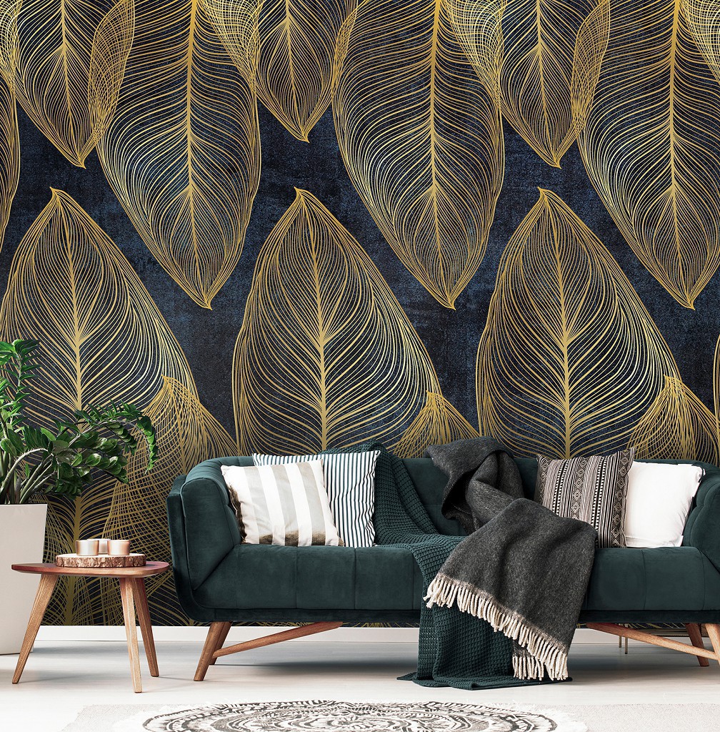 Флізелінові фотошпалери 520x318 см Квіти - Золоті листя на синьому камені (13678VEXXXXXL)+клей