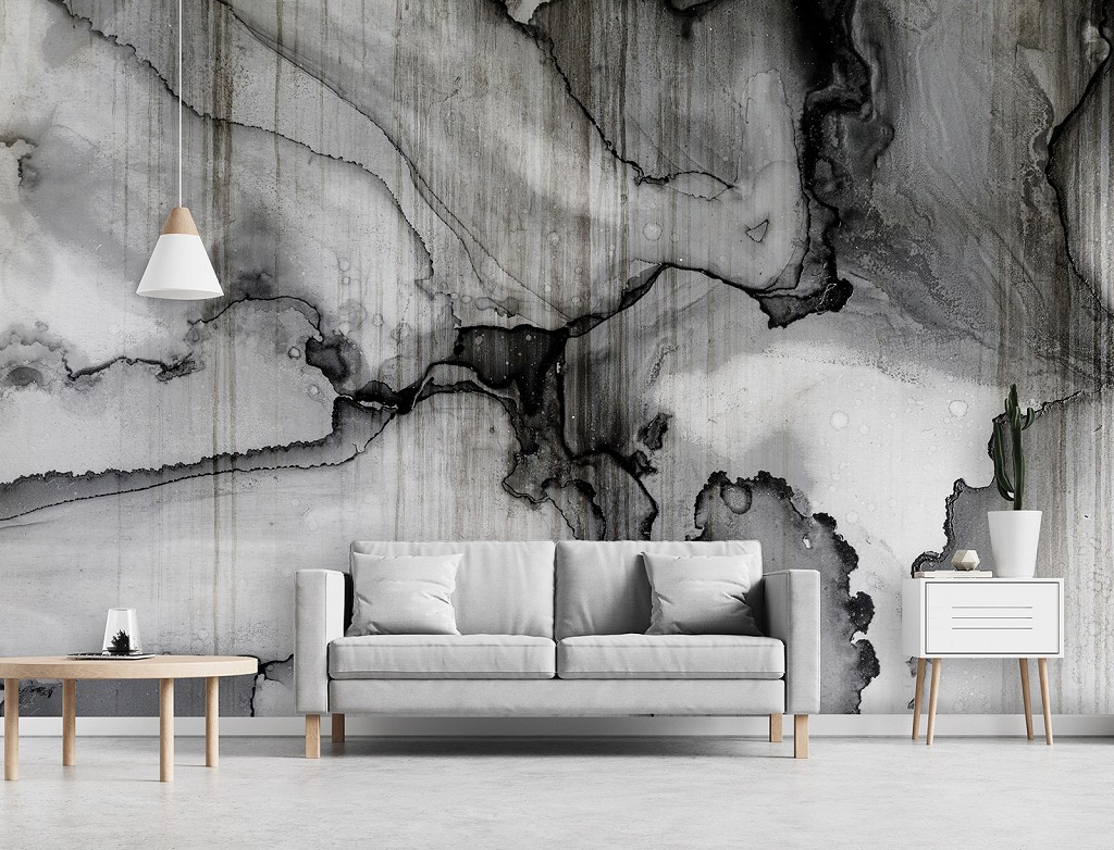 Флизелиновые фотообои в спальню над кроватью 416 x 254 см Абстракция - Волнистые узоры на черно-белом камне+клей