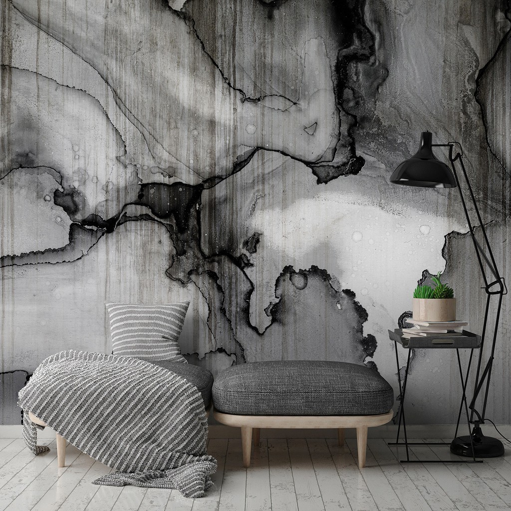 Флизелиновые фотообои имитация бетона 416 x 290 см Абстракция - Волнистые узоры на черно-белом камне+клей