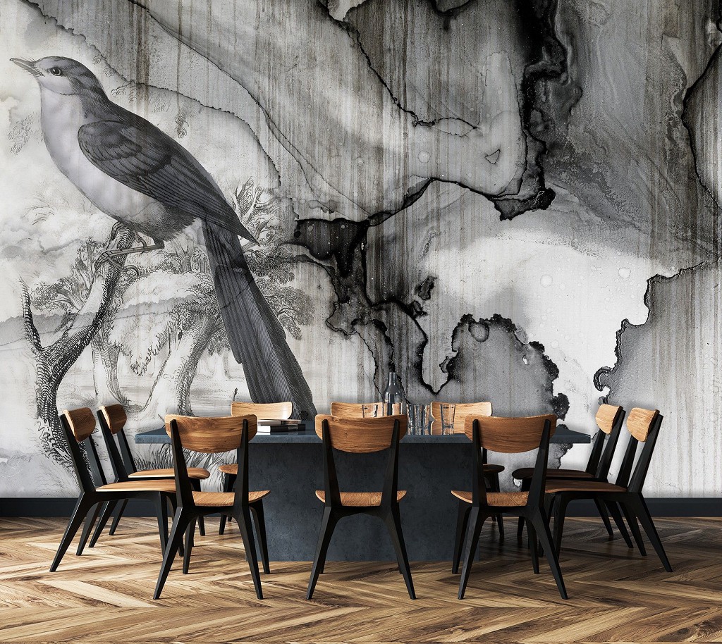 Флизелиновые фотообои абстракция в интерьере Птица на пролитых чернилах (13690V)+клей