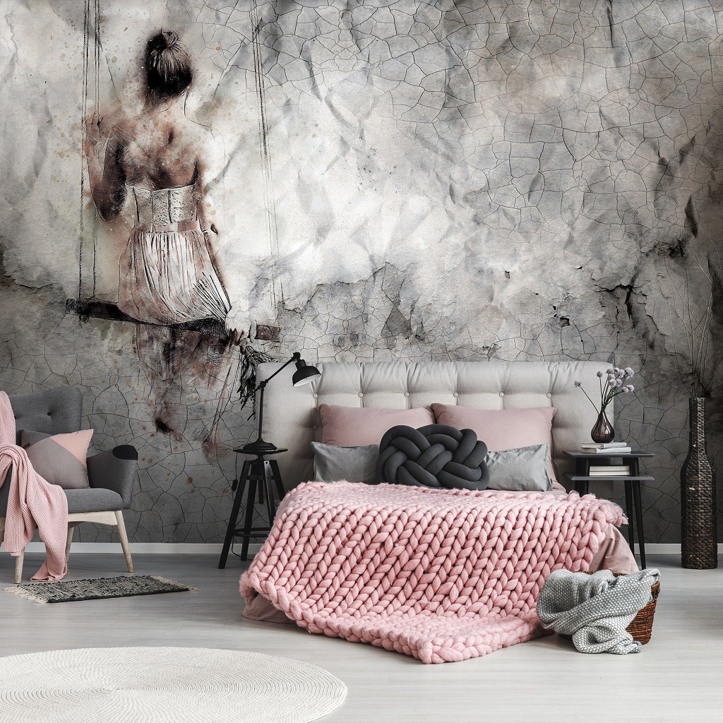 Флізелінові фото шпалери в кімнату 254 x 184 см Дівчина на гойдалці на стіні що потріскалася (13694V4)+клей