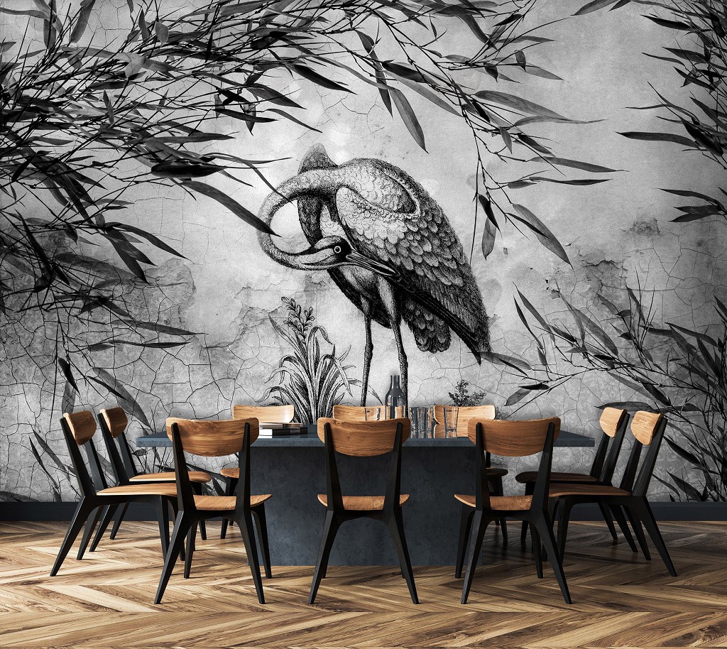 Флизелиновые фото обои бетонная стена 254 x 184 см Птица Черно-белый журавль (13695V4)+клей