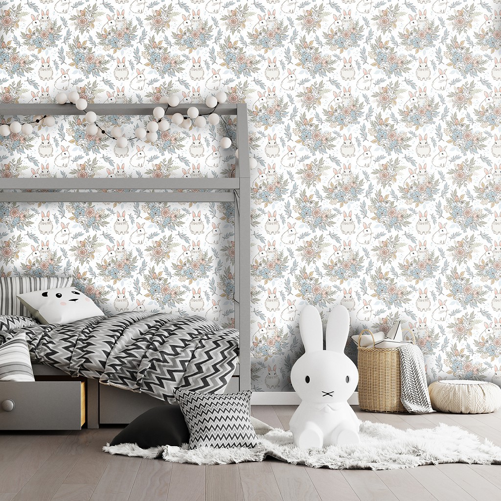 Флізелінові фотошпалери 416x290 см Дитячі - Кролики та квіточки (13699VEXXXXL)+клей