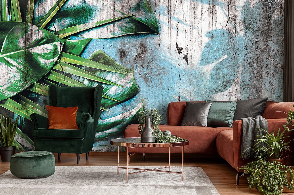 Флизелиновые фотообои 520 x 318 см 3D Огромные зеленые листья на старой стене (13700VEXXXXXL)+клей