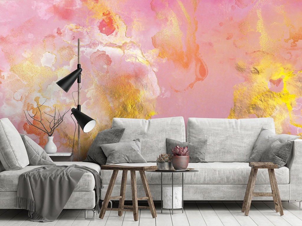 Флізелінові фотошпалери у вітальні 416x290 см Абстракція - Мармур в рожевих та золотих тонах (13710VEXXXXL)+клей