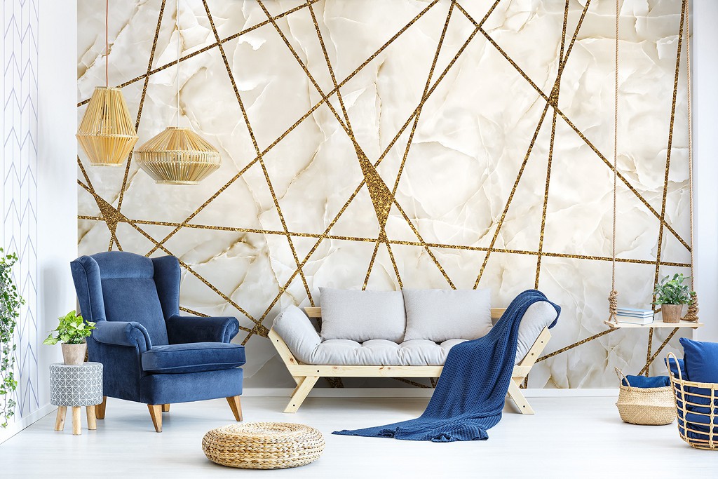 Флізелінові мармурові фото шпалери в кімнату 254 x 184 см Абстракція - Золоті лінії на світлому (13716V4)+клей