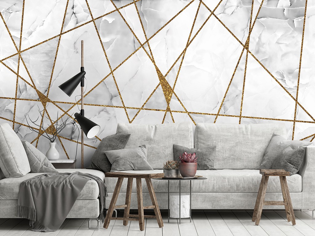 Флізелінові фотошпалери геометричним малюнком Золоті лінії на сірий мармур (13717V)+клей