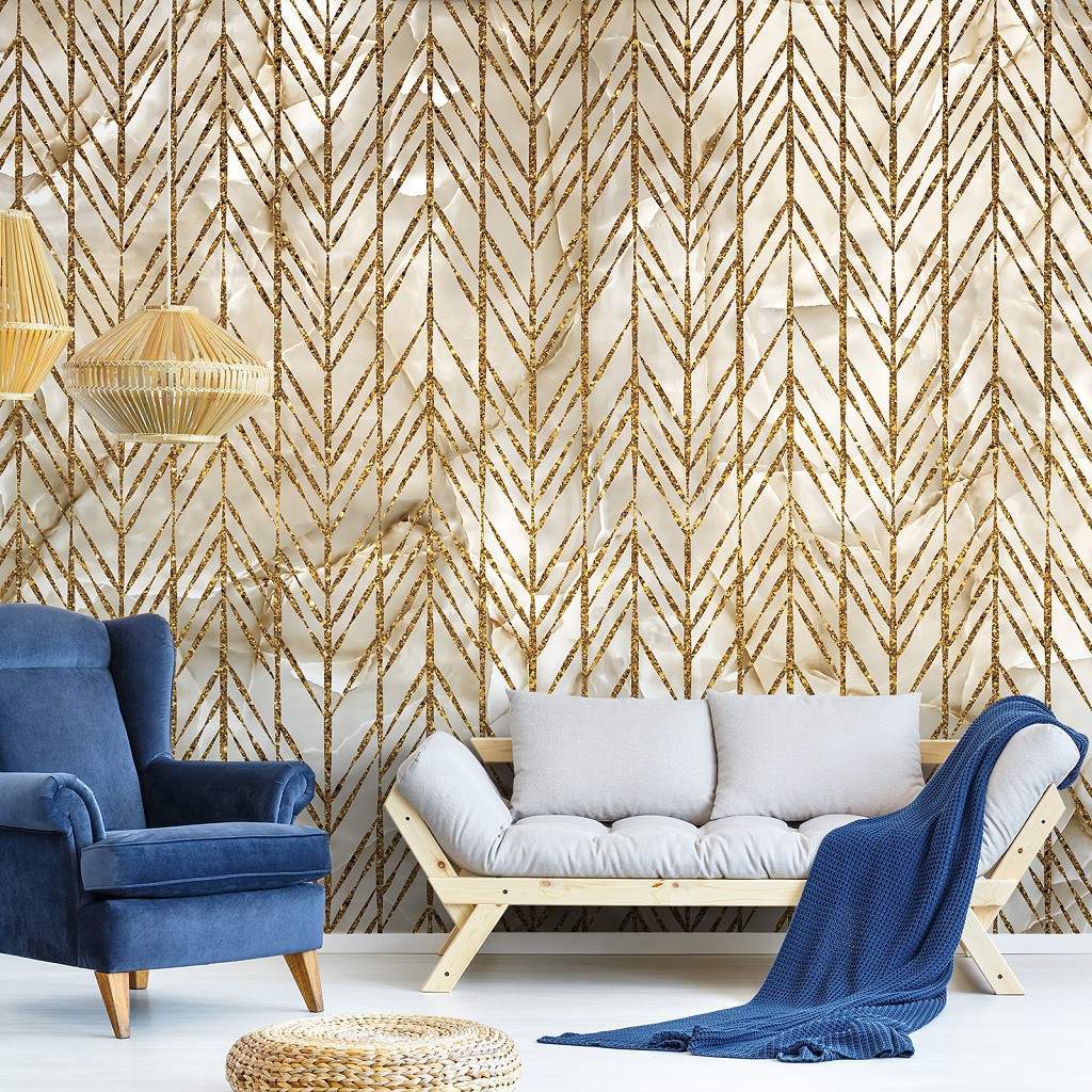 Геометрія на флізелінових фото шпалерах 312x219 см Абстракція - Золотий візерунок на світлому мармурі (13720VEXXL)+клей