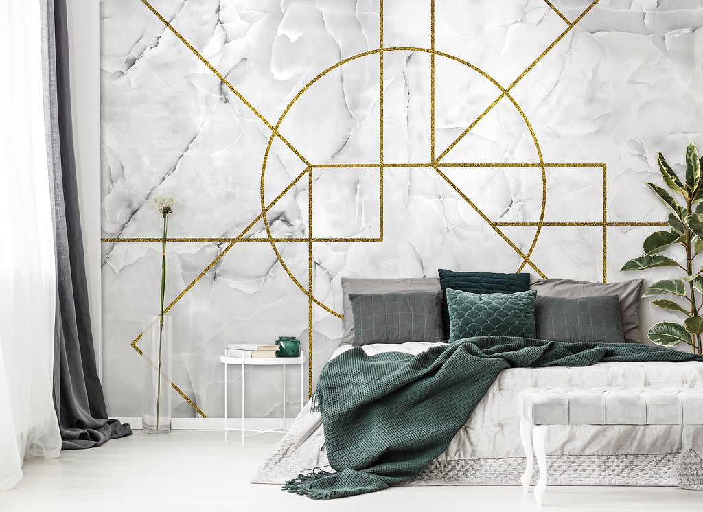 Флізелінові фотошпалери в інтер'єрі 416x254 см Абстракція - Геометрія на білому мармурі (13722VEXXXL)+клей