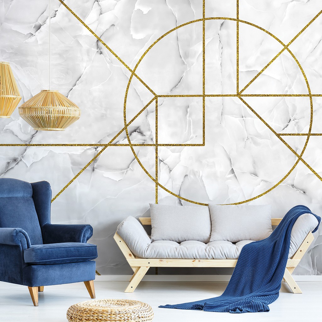 Популярні флізелінові фотошпалери 368x254 см Абстракція - Геометрія на білому мармурі (13722V8)+клей