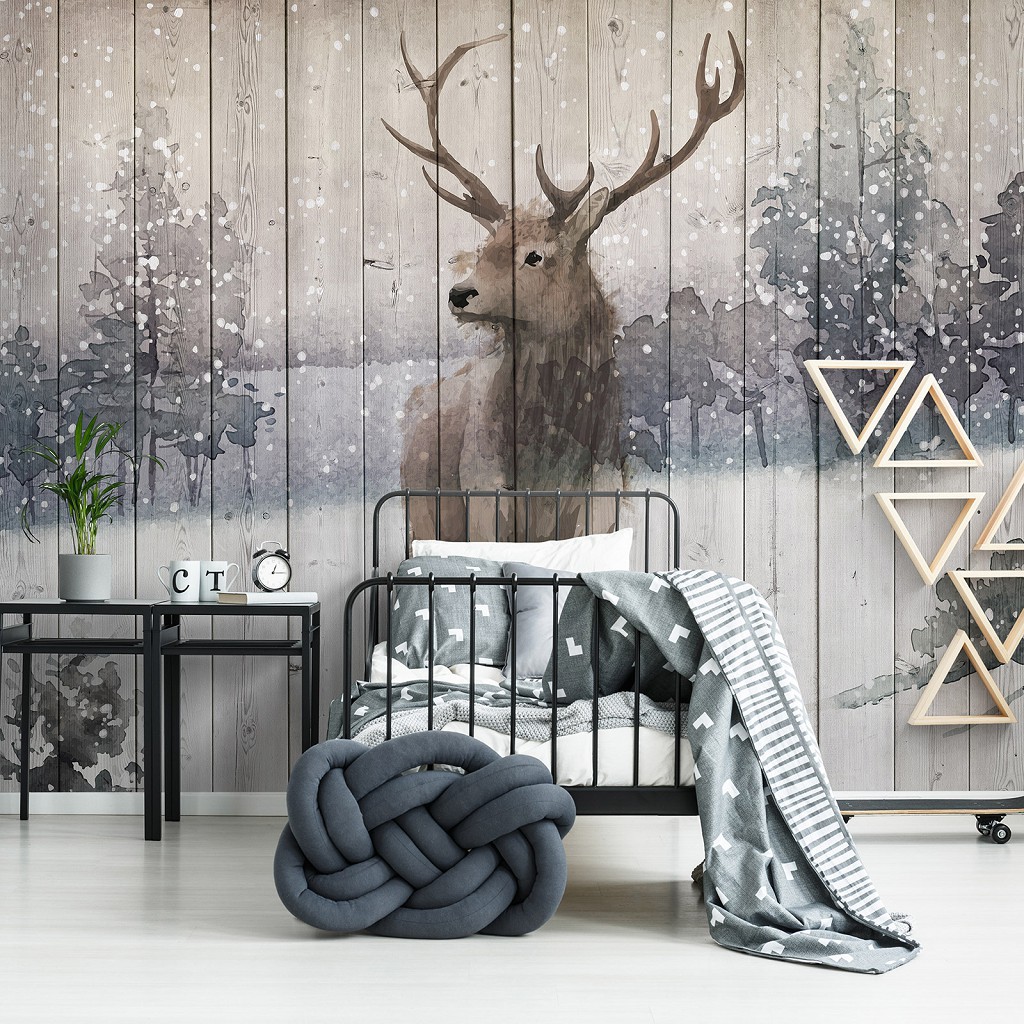Флізелінові фотошпалери з тваринами Гордий олень на дерев'яних дошках (13723V)+клей