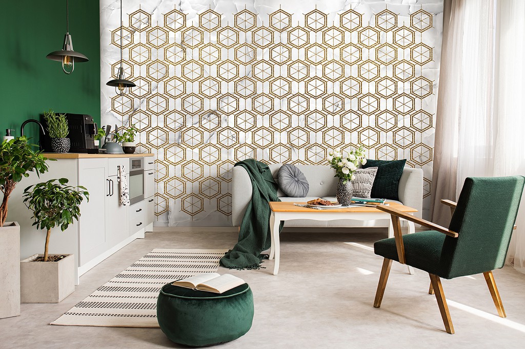 Флізелінові фотошпалери 312x219 см Абстракція соти - Золоті шестигранники на білому мармурі (13724VEXXL)+клей