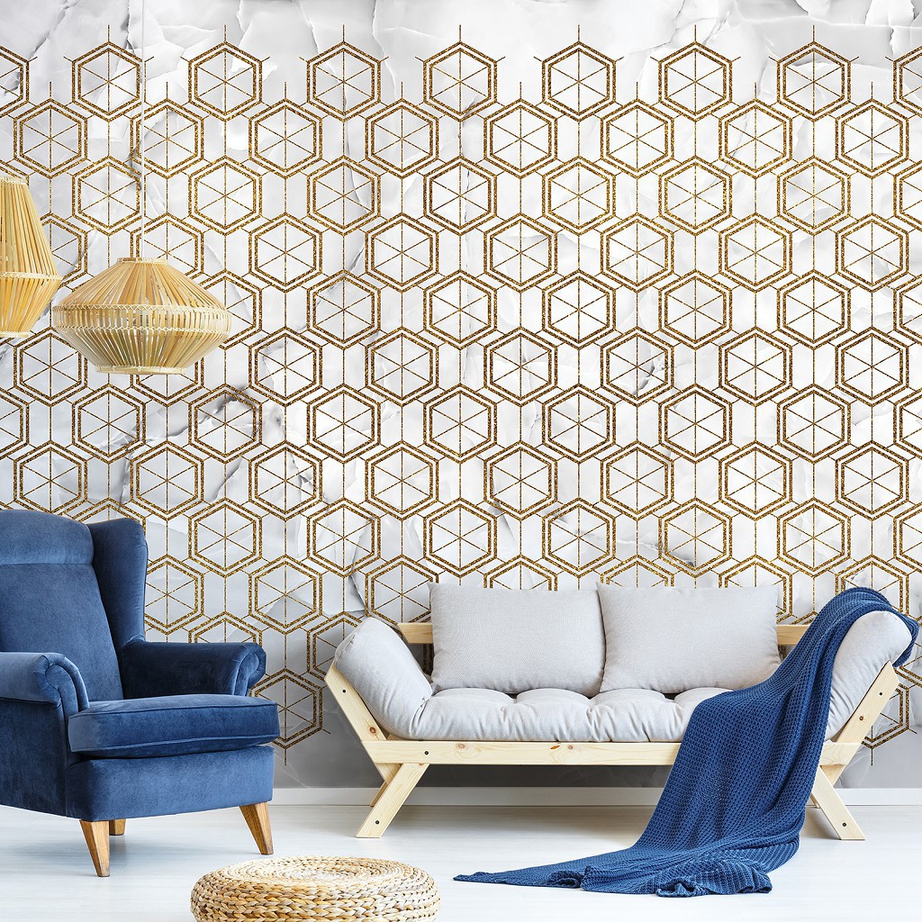 Флизелиновые фотообои 368 x 280 см Абстракция Соты - Золотые шестигранники на белом мраморе (13724V10)+клей