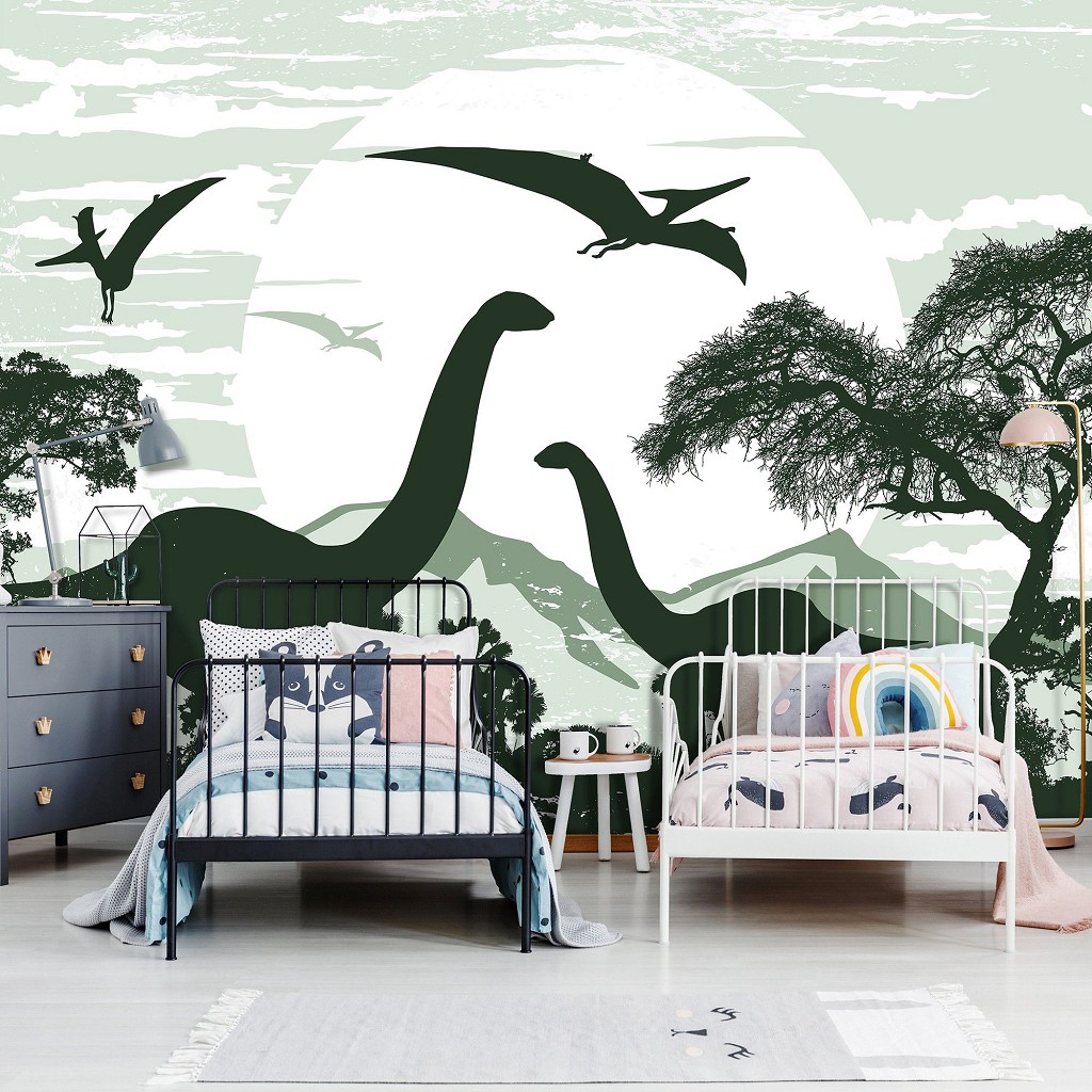 Флізелінові фотошпалери для дитячої кімнати хлопчика 312x219 см Зелені динозаври у лісі (13732VEXXL) +клей