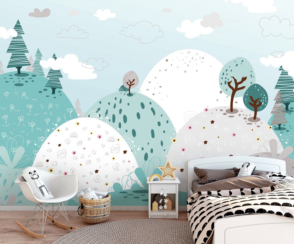 Флізелінові фотошпалери в дитячу кімнату для хлопчика 312x219 см Пастельні весняні пагорби (13735VEXXL)+клей