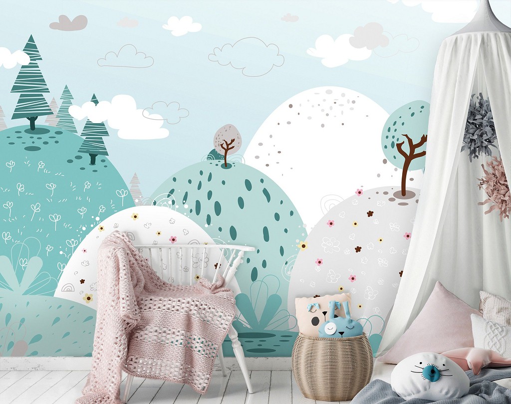 Флизелиновые фотообои в детскую комнату 416 x 254 см Пастельные весенние холмики (13735VEXXXL)+клей