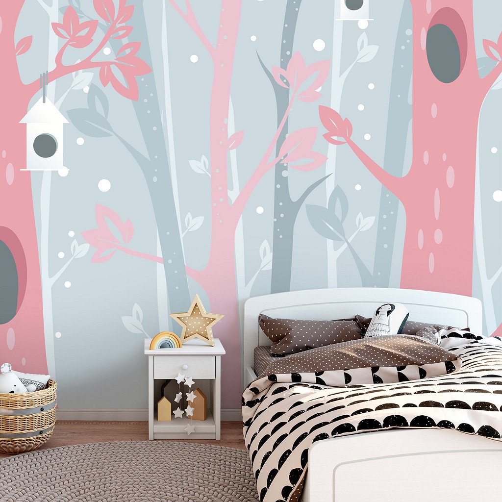 Флизелиновые фотообои для детской Деревья и домики для птичек (13736V)+клей