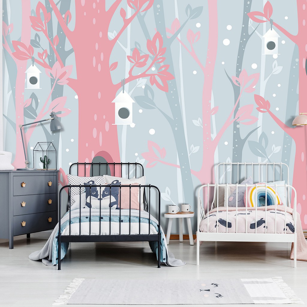 Флизелиновые фотообои для девочки 312 x 219 см Детские - деревья и домики для птичек (13736VEXXL)+клей