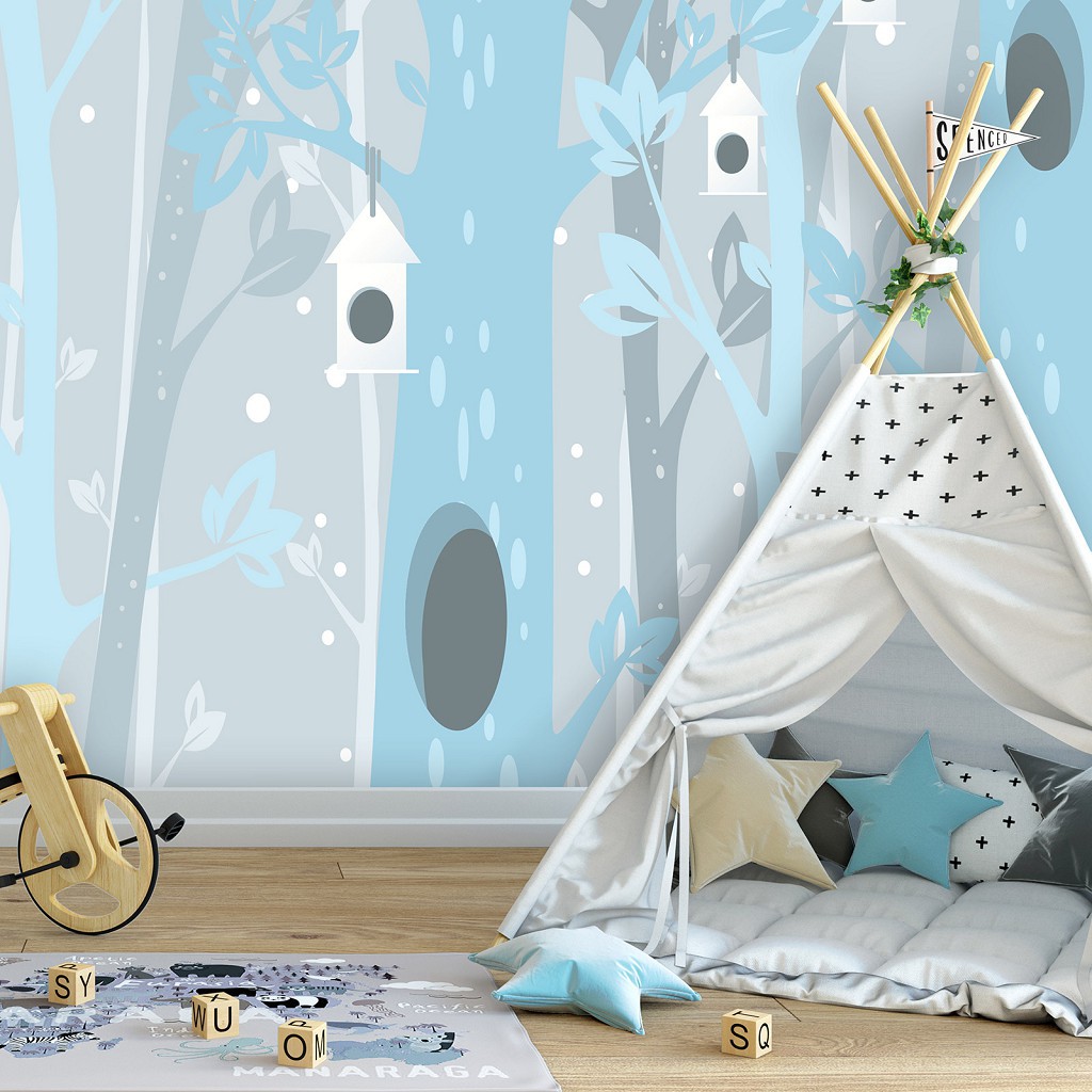 Флізелінові фотошпалери на стіні 416x254 см Дитячі для хлопчика - Блакитні дерева та будиночки для пташок (13737VEXXXL)+клей