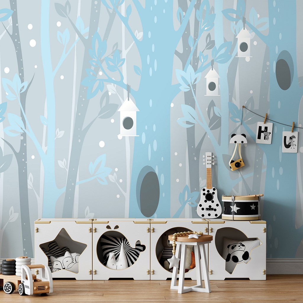 Флізелінові фотошпалери для хлопчика 368x254 см Дитячі - Блакитні дерева та будиночки для пташок (13737V8)+клей