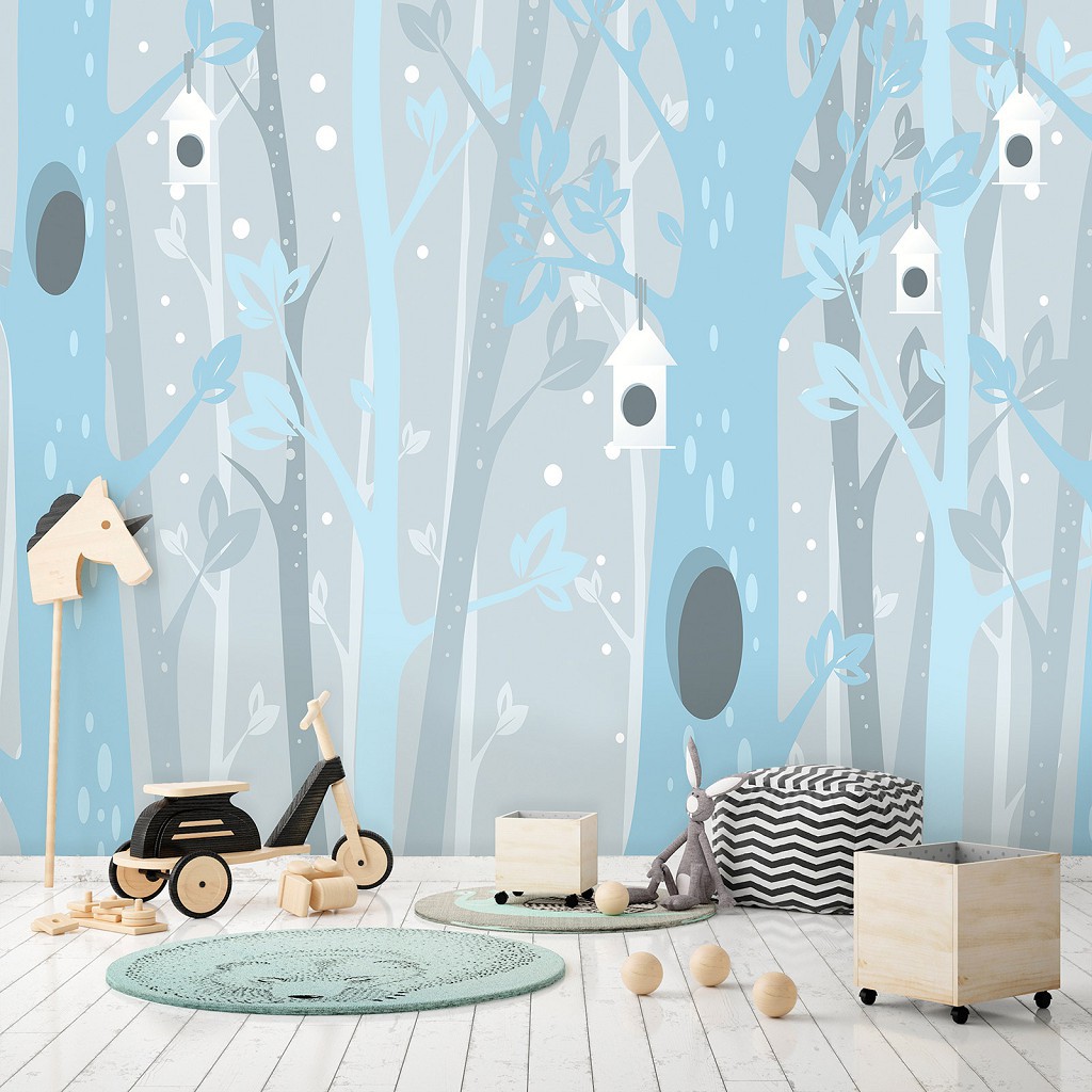 Флізелінові фотошпалери для хлопчика 368x280 см Дитячі - Блакитні дерева та будиночки для пташок (13737V10)+клей