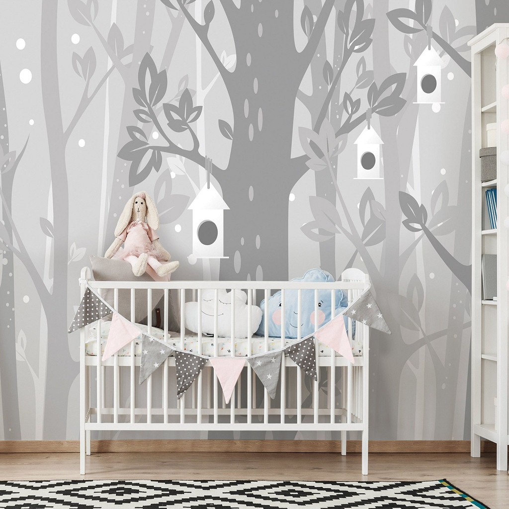 Флизелиновые фотообои 520 x 318 см Детские - Серые деревья и домики для птичек (13738VEXXXXXL)+клей